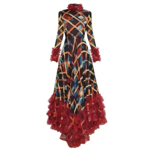Aliza Stand Collar Long Sleeve Plaid Print Mesh Ruffle Elegant Party Asymmetrical Dress