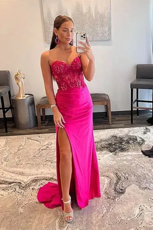 Cheap Hot Pink Lace Prom Dresses Strapless Sleeveless Formal Dress with Split