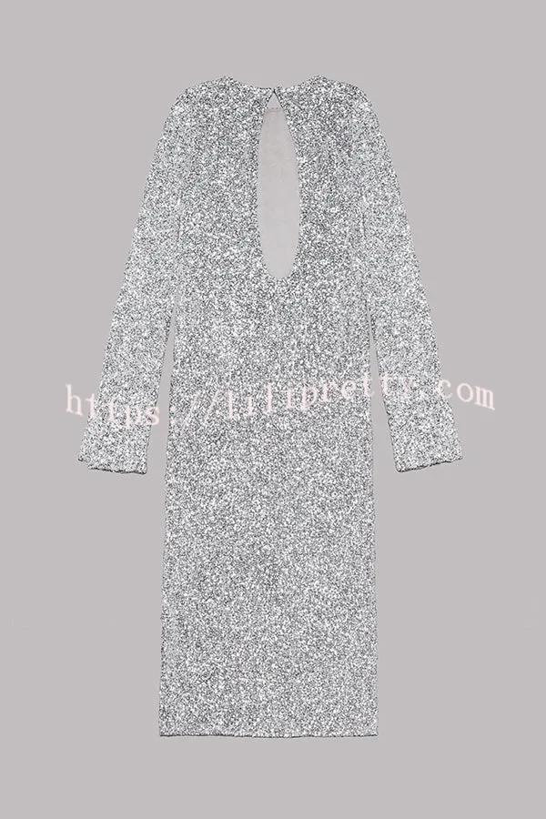 Ignite Sparkly Nights Sequin Extra Long Sleeve Open Back Loose Midi Dress