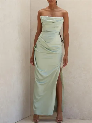 Mint Green Satin Strapless Ruched Evening Dresses