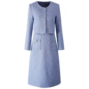 Padget  O-Neck  Long Sleeves Jacket Pockets Slim Dress  2 piece Set