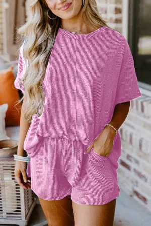 Phalaenopsis Plain Ribbed Knit Loose Fit Two Piece Shorts Set