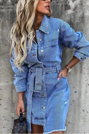 Sexy denim belt pocket slim dress