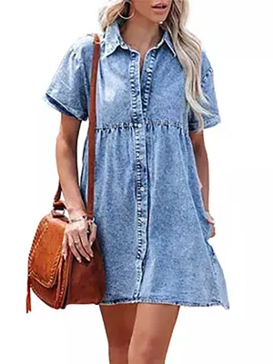 Stunncal Washed Denim Lapel Loose Sweetheart Ruffle Dress