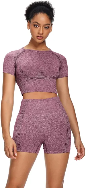 Sytiz Women Seamless Yoga Outfits 2 Piece Set Workout Gym Shorts   Short Sleeve Crop Top