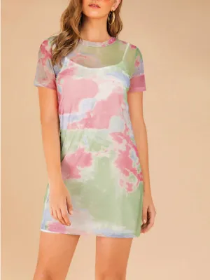 Tie-Dyed Perspective Mesh Round Neck Short-Sleeved Dress