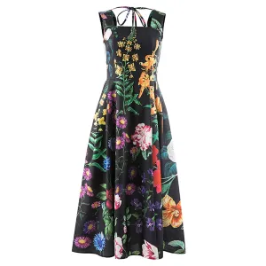 Women's Loose Summer Dress Square Collar Sleeveless Floral Print Midi Dresses