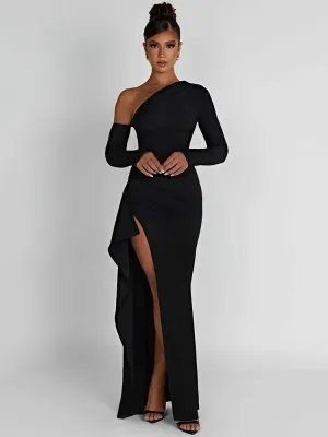 Women's Oblique Shoulder Thigh-High Split Maxi Dress Long Sleeve Half Backless Bodycon Sexy Wedding Prom Dress